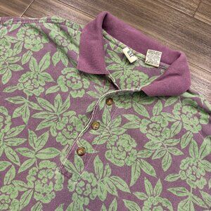 Vintage 90s Gap Tropical Floral Polo Green Purple Short Sleeve Faded Size Medium
